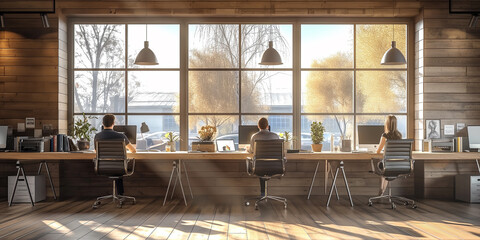 Poster - Three business people working on computers in modern sunny open plan office