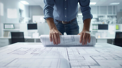 Aufkleber - Architect unrolling blueprints on top of other plans in an office