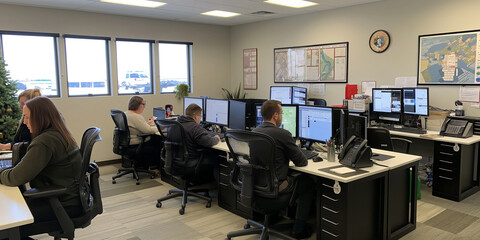 Poster - Office workers concentrating at their desks in an open office setting