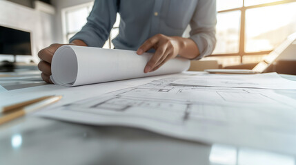 Aufkleber - Architect reviewing blueprints and spreading out plans on table