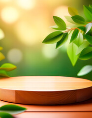 Poster - Wooden Platform with Green Leaves on Blurred Background