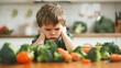 © red_orange_stock - A child at the dinner table turns away from vegetables, showing discontent with the meal prepared