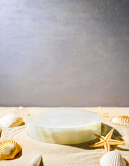 Canvas Print - Minimalist White Podium on Sandy Beach with Seashells