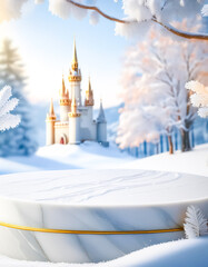 Wall Mural - Winter Wonderland Product Display with a White Marble Pedestal and Golden Accents