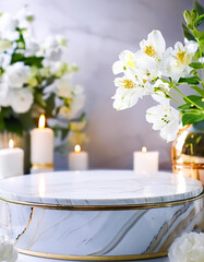 Poster - Marble Podium with White Flowers and Candles