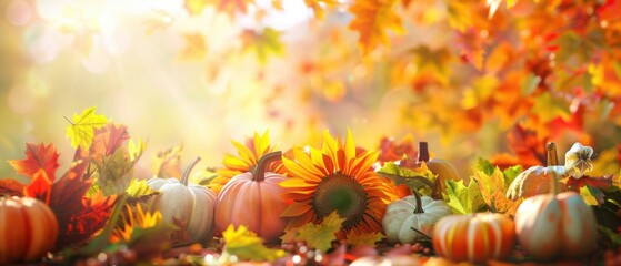 Canvas Print - A vibrant autumn composition featuring pumpkins, leaves, and sunflowers in warm, golden sunlight.