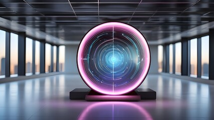 Wall Mural - Arrow striking the center of the computerized holographic target in the inside of an empty modern office space. Success of a business growth plan, increasing revenue, advancement, and accomplishment f