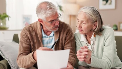 Sticker - Senior couple, home and discussion with documents for retirement plans, saving and investment. People, relationship and deciding in living room with paperwork for life insurance or policy cover