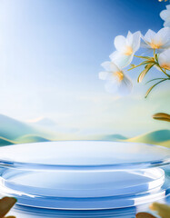 Wall Mural - Glass Platform with White Flowers in Blue Sky