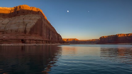 A beautiful view of the desert, lake and rock that create a beautiful color contrast
