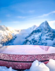 Poster - Stone platform overlooking snowy mountains