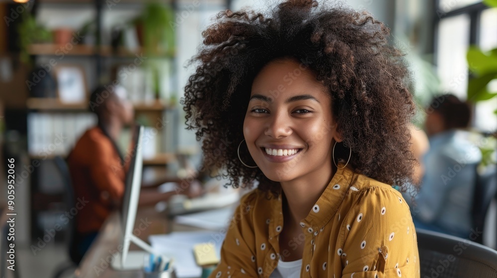 A young woman with curly hair smiles confidently while working in a ...