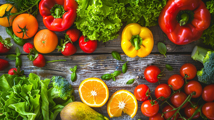 Wall Mural - Vibrant Assortment of Fresh Fruits and Vegetables on a Rustic Wooden Table