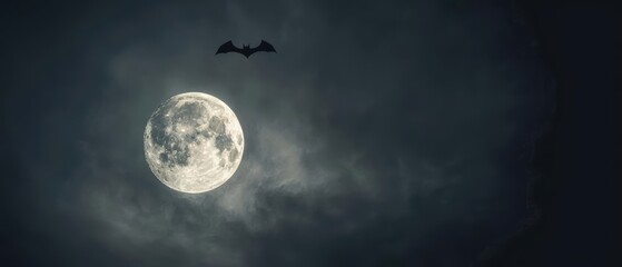 silhouette of a bat flying in front of a full moon in a dark night sky.