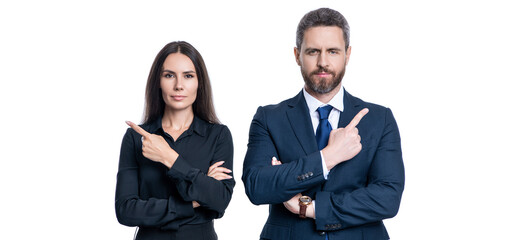 Wall Mural - businesspeople with coworker. business leadership and success. leader representing leadership. successful businesspeople. business leader isolated on white. two colleagues in office. point finger