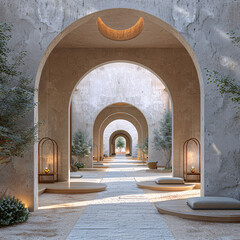 Wall Mural - modern building with a large grey arched entrance. Inside, there are multiple seating areas with various sized round tables.