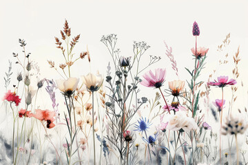 Wall Mural - A vintage watercolor illustration of wildflowers. AI generative.