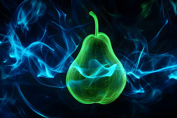 Wall Mural - Neon green outline of a pear with electric blue light trails isolated on black background.