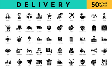 Sticker - Delivery icon set with shipping, dropship, business, customer, purchase, cod, airplane, courier, weight, procurement icon. Simple glyph vector 
