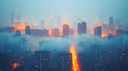 Wall Mural - Futuristic Digital Marketing Icons Hovering Above City Skyline - Modern Technology Concept