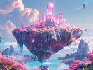 Wall Mural - a floating island with a rocky surface, surrounded by a body of water and illuminated by a sunset, with a few flowers and a glass crystal on top.