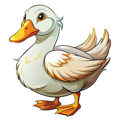 Cartoon illustration of a white duck with orange beak and webbed feet