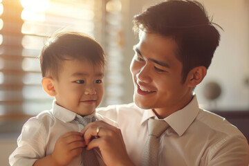 Wall Mural - Asian dad teaching his young son how to tie a tie in front of a mirror