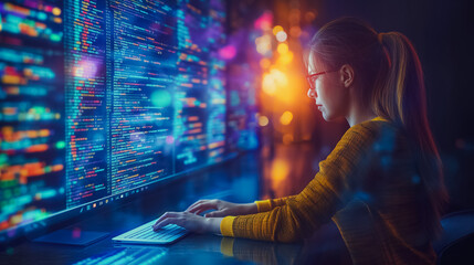 A woman is sitting at a computer with a keyboard in front of her. She is typing on the keyboard and looking at the computer screen. The computer screen is filled with a lot of text and numbers