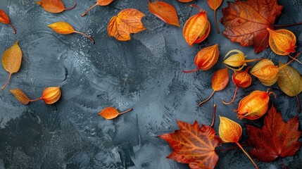 Wall Mural - Autumn arrangement of maple leaves and physalis flowers with copy space top view