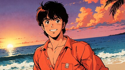 Wall Mural - handsome guy in beach at sunset background smiling happy illustration art anime cartoon