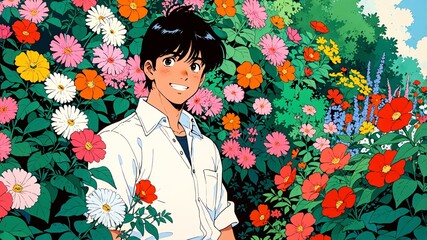 Wall Mural - handsome guy in flower garden background smiling happy illustration art anime cartoon