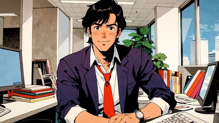 handsome guy in modern office background smiling happy illustration art anime cartoon