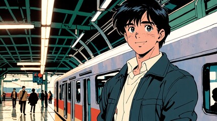 Wall Mural - handsome guy in train station background smiling happy illustration art anime cartoon