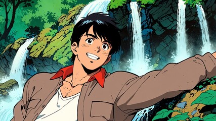 Wall Mural - handsome guy in waterfall background smiling happy illustration art anime cartoon