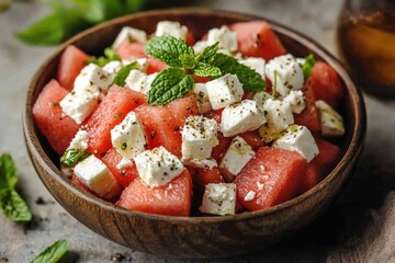 Wall Mural - Refreshing Watermelon Feta Salad with Mint Leaves - Sweet and Savory Summer Dish