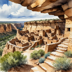 Sticker - Watercolor illustration of the Mesa Verde National Park in Colorado. Capture the impressive cliff dwellings, such as Cliff Palace and Balcony House