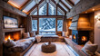 © Wee Ha - Rustic wooden interior with fireplace and cozy corner to relax with a book. The snow covered pine trees outside create a beautiful winter scene