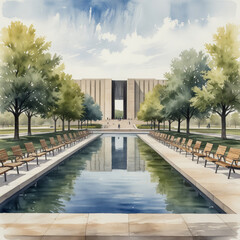 Wall Mural - A  stunning watercolor illustration of the Oklahoma City National Memorial & Museum in Oklahoma City, Oklahoma. Capture the poignant and reflective design of the memorial,