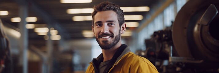 Portrait of a smiling young man in a yellow jacket in a modern industrial setting