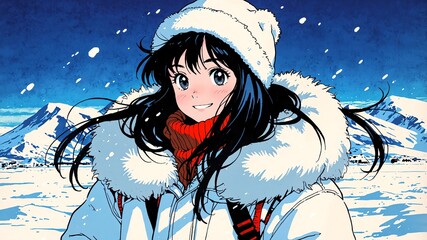 Wall Mural - girl cute in arctic tundra background smiling happy with long hair anime illustration art cartoon