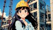 © sevenSkies - girl cute in construction site background smiling happy with long hair anime illustration art cartoon
