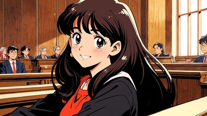 Wall Mural - girl cute in courtroom background smiling happy with long hair anime illustration art cartoon