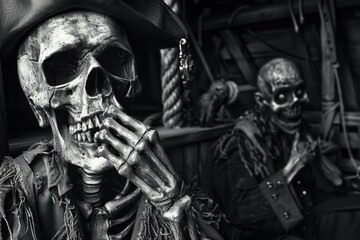 Wall Mural - Two pirate skeletons on a ship, exuding a dark and eerie atmosphere in black and white tones.