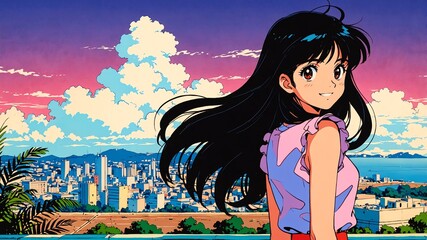 Wall Mural - girl cute in skyline view background smiling happy with long hair anime illustration art cartoon