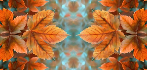 Canvas Print - A symmetrical arrangement of vibrant orange autumn leaves on a blue-green background, evoking a serene and natural atmosphere.