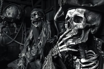 Two pirate skeletons in monochrome, one in the foreground deep in thought, creating a haunting, eerie, and mysterious atmosphere.