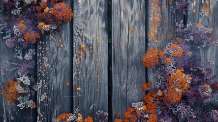 Wall Mural - Textured wooden backdrop with lichen and moss in orange and purple hues