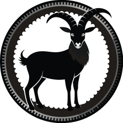 Wall Mural - Black Silhouette of a Goat with Curved Horns Inside a Circular Frame