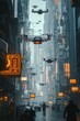 © Charoen - Futuristic city street with drones flying overhead.