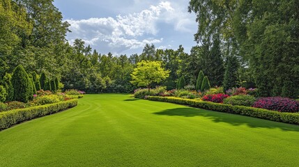 Well-maintained lawn with a flowerbed and deciduous shrubs, ideal for outdoor park or garden scenes.